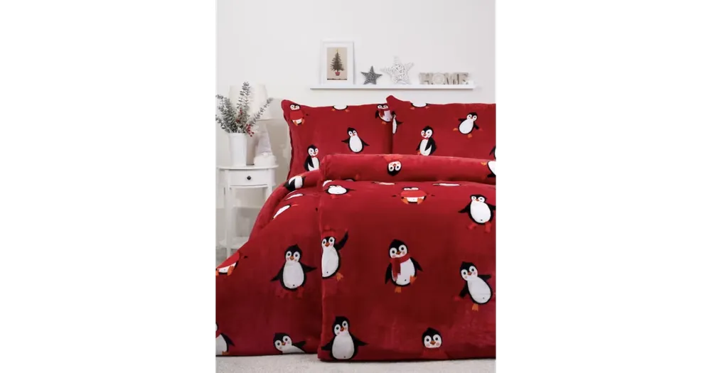 Originální Prodloužené povlečení mikroplyš Exclusive - Tučňáci červené