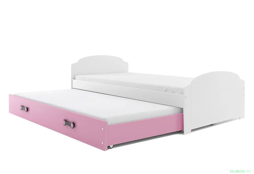 Originální Dvoulůžko Lili bílé, zásuvka růžový + přistýlka 90x200 cm s roštem, 2 matracemi
