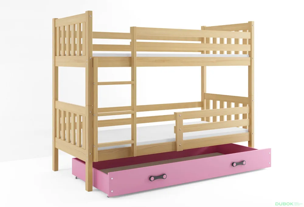 Patrová postel Carino borovice, zásuvka růžový 80x190 cm s roštem, matrací Speciální Cena
