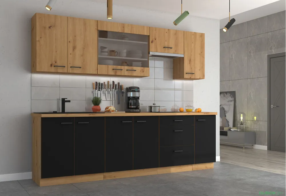 Kuchyňská sestava 2.6 m dub artisan / černý mat Modena Finální Výprodej